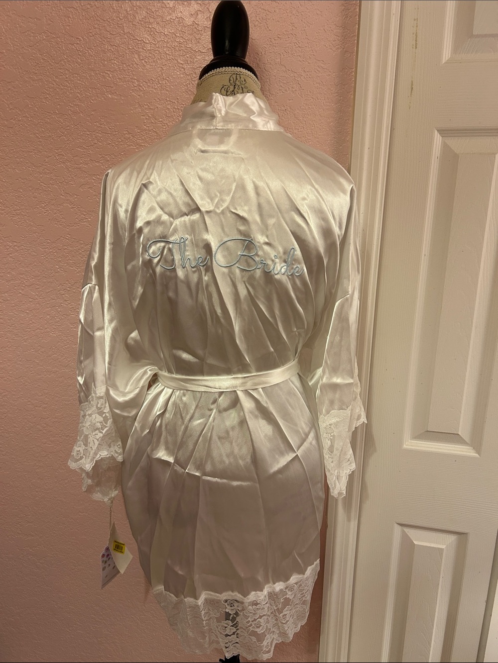 Embroidered 'The Bride' Satin Lace Bridal Robe in White